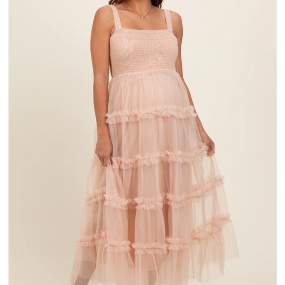 Pinkblush Dresses & Skirts - Beige Smocked Ruffle Tiered Tulle Maternity Midi Dress